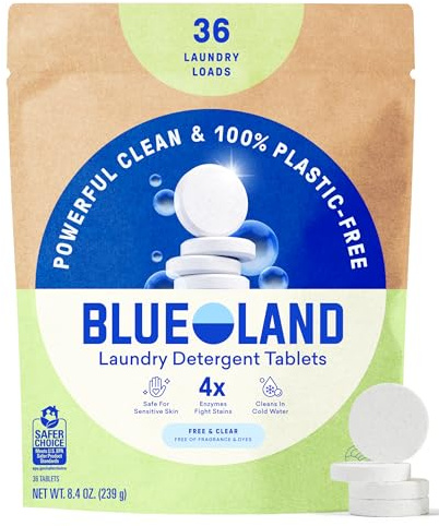 BLUELAND Laundry Detergent Tablets, 36 Count, Plastic-Free Eco-Friendly Pods, Sheets, Liquid Alternative - Fragrance Free and Clear, Natural, Gentle