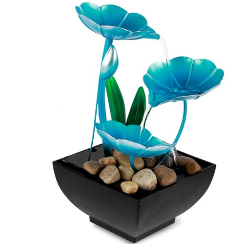 DNAMYJME Tabletop Fountain Meditation Water Fountain Creative Flower Mini Waterfall Fountain Decorations Sound Relaxation Ornament USB Powered for Table Office Bedroom(Blue)