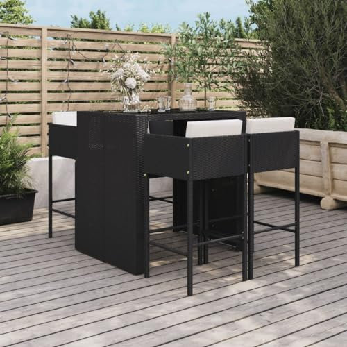 ARKEM 5-TLG. Gartenbar-Set mit Kissen Stehtisch Outdoor GartenmöBel Outdoor Furniture Bistrosets Schwarz Poly Rattan 3200670