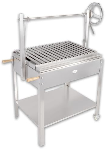 Beeketal 'BAG-1' Santa Maria Grill - Argentinischer Asado BBQ Holzkohlegrill aus Edelstahl - Grillrost höhenverstellbar mit Seilzug und Kurbel | Standgrill Gestell mit bremsbaren 360° Rollen