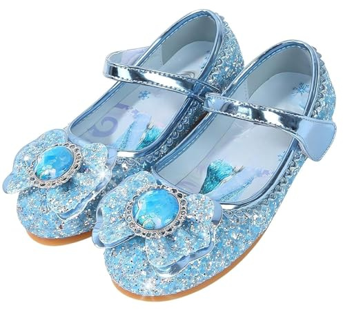 Vorkhuaeri Chaussures de Princesse Elsa pour Filles, Baskets Plates à Paillettes pour Enfants, Chaussures Costume Habiller Une Fête Cosplay Mariage (25,C3-Blue)