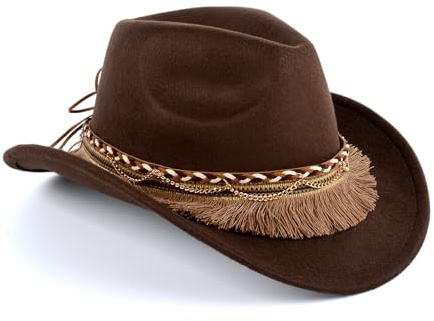 SIGONE Cowboyhut für Damen und Herren, Cowboyhut, Westernhut, breite Krempe, Fransen, Cowboyhut für Damen, Cowboyhüte für Herren, Cowboy-Outfit, Accessoire, modische Freizeitkleidung, Braun, braun, 2