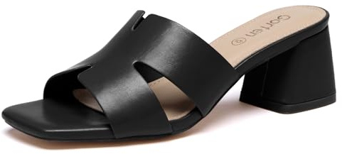 Gorfen Women's Slip on Square Open Toe Heels Sandals with Low Block Chunky Heel for Casual Comfort and Style,Black Size 9