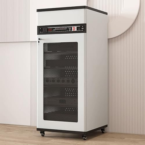 JIAOCKJIAO Phonoschrank, Stereoschrank mit Schublade, Audio Rack Hi Fi Regal mit Kabelloch, Bewegliches Record Player Stand mit Türschloss, mit Verstellbaren Regalen(Wit,52x55x126CM)