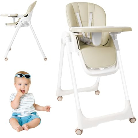 ACXIN Seggiolone pieghevole per bambini, regolabile in altezza, con vassoio a doppio strato e cintura di sicurezza, seggiolone portatile con funzione reclinabile per casa ed esterni, beige