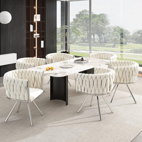 Merax 6er Set Esszimmerstühle Drehbar, Esszimmerstühle mit Armlehne, Küchenstühle, Stühle Esszimmer, Luxus Drehstühle für Esszimmer, Lounge, Schlafzimmerkommode, Samt, Beige+Silber