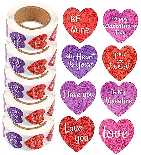 Tofficu 500 Herz-aufkleber-etiketten für Zum Valentinstag Siegelaufkleber 8 Muster 5 Rollen Größe für Dekorationen