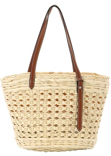 7VSTOHS Stroh Strandtasche für Frauen, Strohtasche Umhängetasche Reißverschluss, Sommer Strandtasche Damen für Strand Pool Beruf Reisen Urlaub