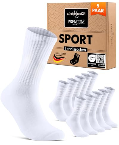 sockenkauf24 Calcetines Deportivos Hombre Blanco 39-42 Largos Mujer Calcetines Tenis Algodón Transpirable Acolchado 5 Pares Calcetines Premium Crew Socks