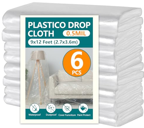 12x9ft Plastic Drop Cloths - Disposable Painter's Sheeting for Floor/Furniture/Car Protection,Paint Drop Cloth (6-Pack)