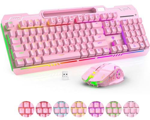 XISOGUU Ensemble clavier et souris de jeu sans fil, rétroéclairé RVB, batterie rechargeable 2000 mAh, sensation mécanique anti-ghosting + souris 6D 4800DPI pour PC Gamer