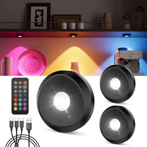 RGB Rechargeable Puck Lights with Remote, Black 2400mAh Battery Spot Lights Stick On Wireless Under Cabinet Kitchen Lights Colour Changing Magnetic LED Push Button Spotlight for Cupboard Display Shelf