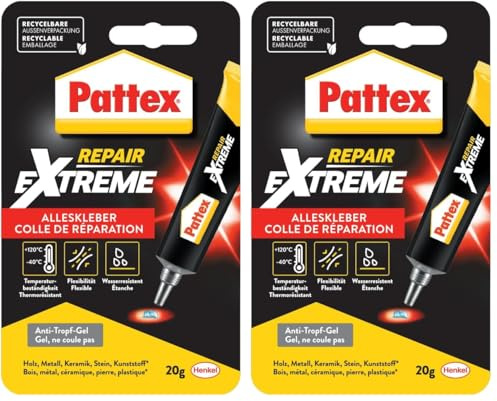 Pattex Repair Extreme, nicht-schrumpfender und flexibler Alleskleber, temperaturbeständiger Reparaturkleber, starker Kleber für innen und außen, 1x20g Tube (Packung mit 2)