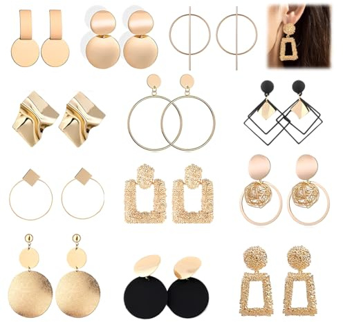 12 Paia Orecchini a Bottone Pendenti da Donna, Set Orecchini Donna Pendenti, Ragazze Geometrica Placcati in Oro Cerchio Rettangolari Ipoallergenici Grande