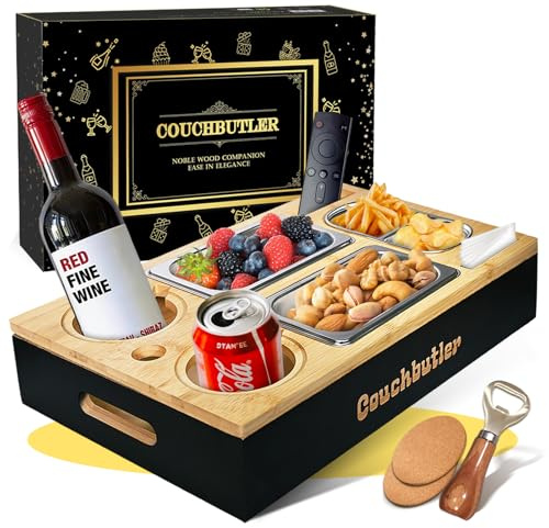 Couchbar Snackbox, Couch Tablett mit Geschenkbox, Couch Butler, Sofa Tablett mit 2 Snackschalen, Getränkehalter, Snackbar Organizer mit Flaschenöffner, Abnehmbarer Deckel für Wohnzimmer Garten Camping