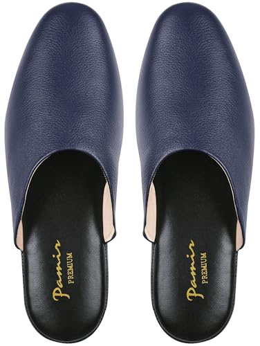 PAMIR Women's Genuine Full-Grain Leather Scuff Slippers, Navy, US 8 M | Buttery soft, Goatskin lining, Silent suede sole, Memory foam, Travel pouch