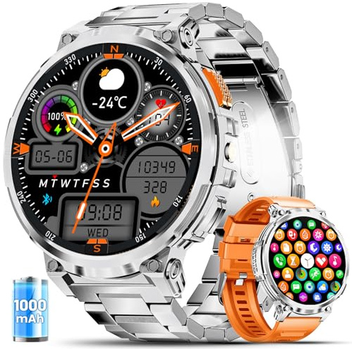 ESFOE Reloj Inteligente Hombre Militar con 1000mAh/LED Linterna,1.85” Grandes Smartwatch Hombre Llamadas,5 ATM Impermeable/130+ Modos Deportivos/Pulsómetro,Pulsera Actividad Android iOS Plata Platino