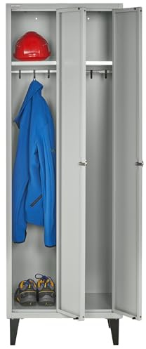 Umkleideschrank abschließbar, Spind mit 2 Abteile, Kleiderschrank Stahlblech, Kleiderspind mit Drehriegelverschluss, Werkstattschrank 50 cm tief, 63 cm breit, Schliessfachschrank lichtgrau