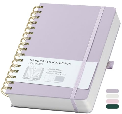 HOMEMARS Notizbuch A5 Kariert, Ringbuch A5,Notizblock Notizbuch Spiralbindung,300 Pages, 100 g/m²,14.8 cm x 21 cm,Lila,Lederhülle, Notizblock für Frauen Männer Arbeit Büro,PU Leder