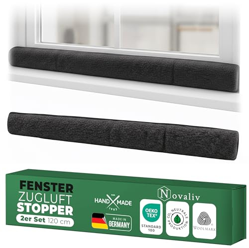 Zugluftstopper für Fenster 120cm Anthrazit Schurwolle – stoppt Zugluft & Kälte, dämpft Lärm/Staub/Licht, rutscharm, ohne Bohren; für Fensterbank/Rahmen, Spalt abdichten, Innenbereich, 2er-Set