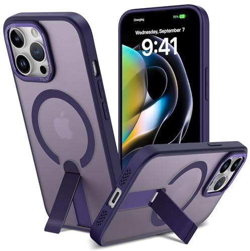 Cover Magnetica per iPhone 14 Pro Max con Cavalletto Compatibile con MagSafe Custodia con Supporto, Protezione Antiurto di Livello Militare Cellulare Case Traslucido Opaco Retro, Viola