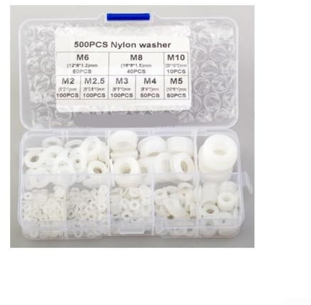 DAZZLEEX Assortimento di rondelle piatte in nylon, 500 pezzi, M2-M10, distanziali in plastica metrica bianca e guarnizioni ad anello in gomma per collegamenti elettrici, elettrodomestici, automotive e