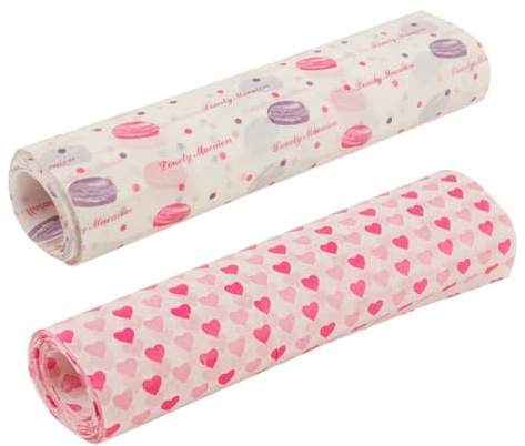 SEWACC Papier Ciré Résistant à L'Huile 100 Feuilles pour Cuisson et Emballage Alimentaire Motifs Macaron et Cœur Papier Sulfurisé Imperméable Boulangerie Snacks Restauration
