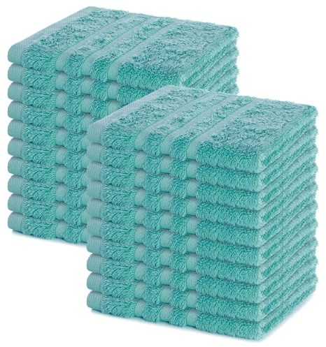 Lavea® 20er Seiftuch Set, 30 x 30 cm, 100% Baumwolle Frottier, Gästehandtücher und kleine Waschlappen, pflegeleicht 60 °C, Frottierserie Elena, ideal für Bad und Gäste WC, Türkis