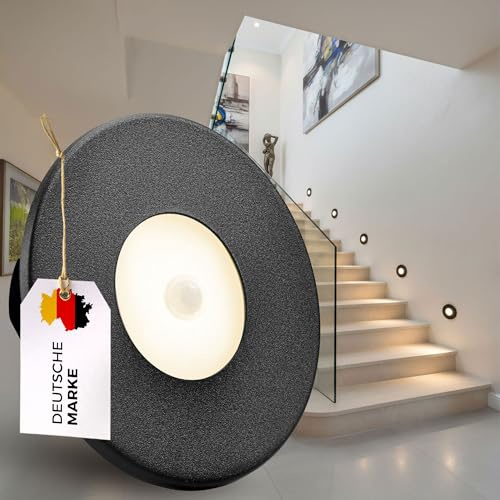 LED Treppenbeleuchtung mit Bewegungsmelder 230V - 2,2W – 3000K eckig / rund Stufenlicht Warmweiß – Wandeinbauleuchte Innen mit Sensor, weiß, schwarz, Edelstahl-Optik (Schwarz, rund mit sensor)