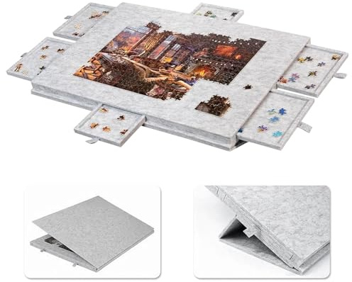 Pusselbräda, pusselbord med 6 lådor, pusselplatta av filt, 1 000 delar, pusselbräda, 2-i-1 pusselbord med stativskydd, vikbar filtpusselbräda för vuxna med filtpusselhylla, silvergrå