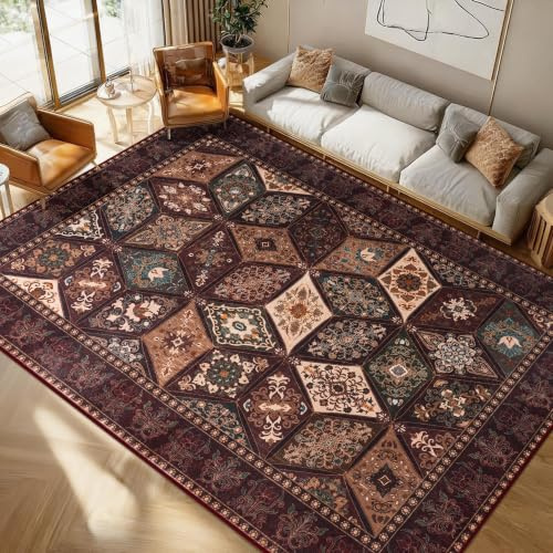 Calinline Braun Großer Vintage Kurzflor Teppich Wohnzimmer, 200x300 cm | Boho Waschbarer Teppich, Rutschfester Schlafzimmer Teppiche, Geometrisch Rauten Muster Carpet für Esszimmer Büro Küche