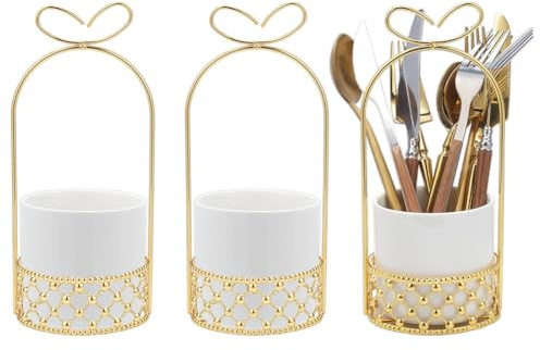 NBEADS 3 Sets Ceramic Silverware Holder For Tabletop, White Cutlery Holder With Golden Metal Bracket Decorative Cutlery Utensil Holder for Wedding Kitchen Dining Tables, 95x210mm
