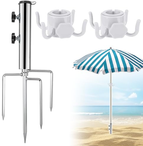 Herbst Sonnenschirmstände Einstellbar Schirmständer Strand Metall | mit 4 Heringen und 2 Hooks Robuster Bodenanker Sonnenschirmhalter Strand für Angeln Garten Strand Camp