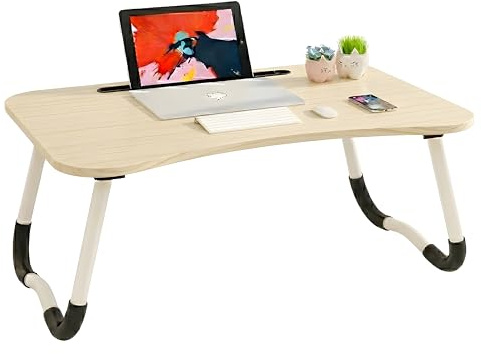 Tavolino da Colazione a Letto Pieghevole per PC Portatile, Vassoio da Divano in Legno con Supporto per Tablet e Smartphone, Scrivania Ergonomica Salvaspazio Lavoro