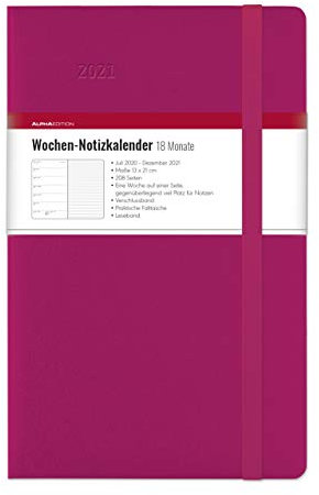 Wochen Notizkalender 18 Monate groß Berry 2021 - Taschen-Kalender 13x21 cm - mit Verschlussband & Falttasche - Juli 2020 bis Dez 2021 - Weekly - 128 Seiten