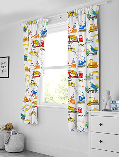 Bloomsbury Mill - Kids Curtains for Boys & Girls Bedroom - Construction Diggers - Lined Curtain Pair with Tiebacks - Nursery Curtains for Childrens Baby Room - 66X72 inch drop (168x183cm)