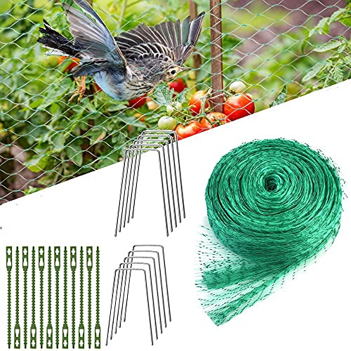 EMAGEREN Filet Anti Oiseaux 4 * 10M Vert Filet Protection Oiseaux avec Attaches Plantes et Piquets de Jardin Forme de U Filet Anti Oiseaux Bassin Protégez Animal pour Arbres Fruitiers Légumes Potager