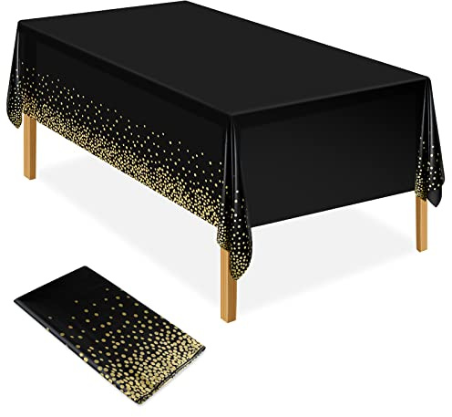 ELECLAND Nappe de fête Noire et dorée Nappe en Plastique 137x274cm Couverture de Table de confettis à Pois dorés Couverture de Table de fête rectangulaire pour Pique-Nique, Halloween, Noël