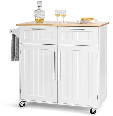 COSTWAY Carrello da Cucina, Isola da Cucina con Cassetti Portaoggetti e Armadietti, Ruote Universali e Portasciugamani, Ideale per Casa Ristorante Bar (Bianco)