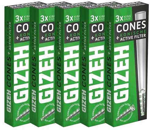 GIZEH Cones Hülle mit Aktivkohlefilter 3 Stück Ø 6mm - King Size Pre Rolled Cone Activ Filter/vorgedrehte konische Hülsen gebleicht (5 Packungen)