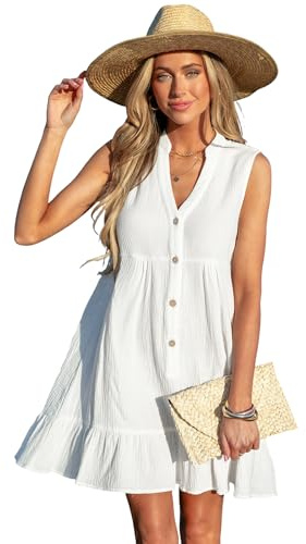 CUPSHE Women Swimsuit Coverup 100% Cotton Ruffle Hem Beach Cover Up Dresses White, L