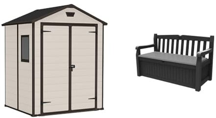 Keter Manor Outdoor Apex Double Door Garden Storage Shed 6 x 5ft Beige Brown Wood effect & Eden Bench 265L Outdoor 60% recycled Garden Furniture Storage Box Graphite & Light Grey