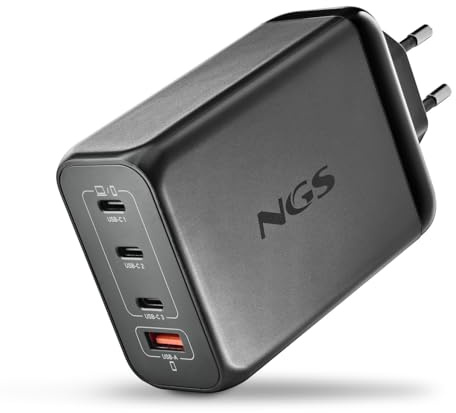 NGS Bud 240W - Cargador de Pared ultrarrápido con 4 Puertos,3 USB-C(PD3.1 & PPS) 1 USB-A(QC 3.0 30W) Compacto y portátil para Smartphones Tablets laptops Materiales GAN ignífugos Carga simultánea
