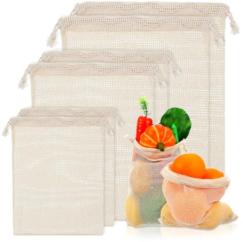 Tyqour 6 Pack Reusable Produce Bags Washable Cotton Reusable Mesh Produce Bags Vegetable Bags for Vegetables, Fruits & Grocery Shopping, Small Mesh Bag for Refrigerator Storage