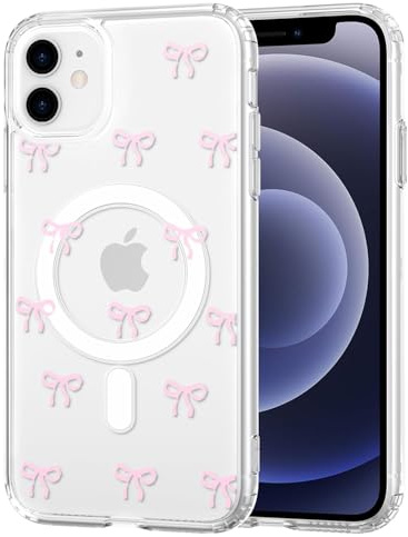 TVVTPU Magnetisch Hülle für iPhone 12 Mini 5,4 Zoll, Kompatibel mit MagSafe, Aesthetic Schleifen Muster Handyhülle Nie Vergilbung Dünne Transparent Hard PC Rückseite Stoßfester Kratzfest Case, Rosa