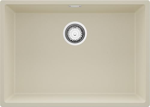 PRIMAGRAN Fregadero bajo Encimera al Mueble 70cm + Kit de desagüe, 66x47cm | Set: Kit de desagüe (sifón, válvula, rebosadero) + London 1 Seno para Cocina, Beige