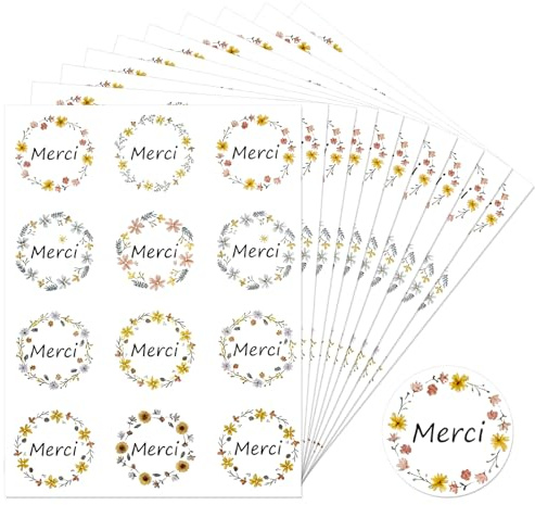 Meteoraprime 120 Pcs Merci Autocollants, 2.5 cm Rondes éTiquettes Autocollantes Avec Design Floral Multiple Pour BoîTes-Cadeaux, Sacs, Cartes De VœUx, Mariage, Anniversaire Et DéCorations De FêTe