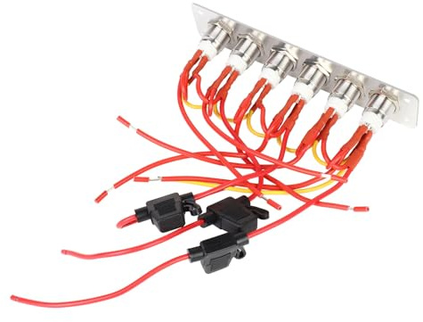 MasYosh 6 voies Panneau de Commutation, Commutateurs à Bouton Poussoir en Acier Inoxydable avec Lumières LED Bleues, Panneau D'Aluminium Brossé Argent pour Voiture RV Chasse 12V 24V DC Système