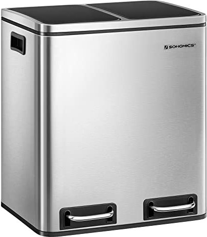 SONGMICS Mülleimer Küche, 2 x 15 Liter, Mülltrennsystem 2 Fächer, inklusive 15 Müllbeutel, Abfalleimer, Treteimer, recycelbare Abfälle, Biomüll, Softclose-Deckel, metallicsilber-tintenschwarz LTB30H