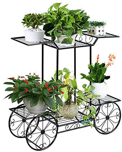 RELAX4LIFE Blumenregal aus Eisen, Blumenständer mit 6 Ablagen, freistehendes Pflanzenregal mit dekorativen Rädern und Herzform, wasserdichter Pflanzenständer für Balkon & Garten & Terrasse, schwarz